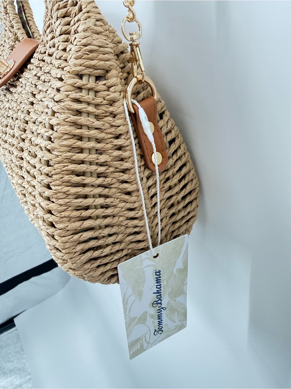 Tommy Bahama Straw Woven Satchel Crossbody Bag Gold Chain Resort Beach NEW - Picture 4 of 6